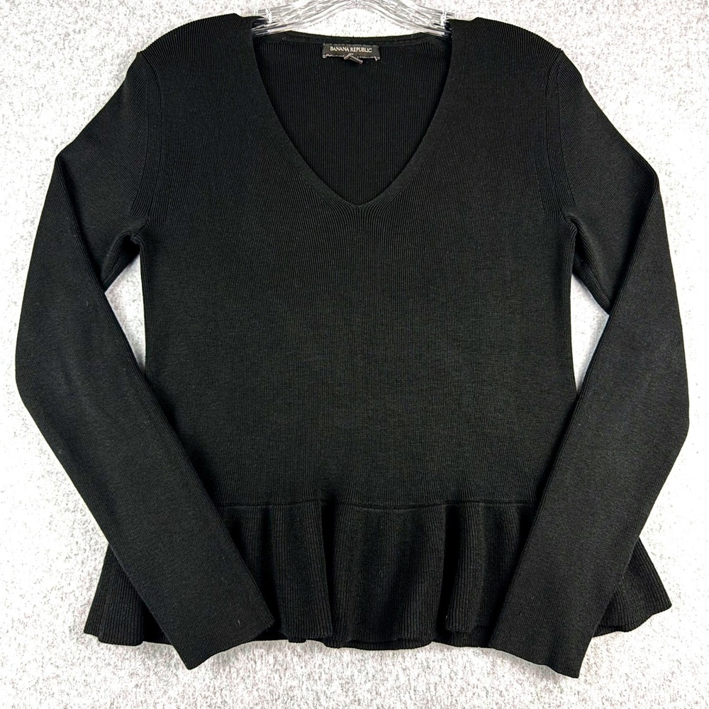 Banana Republic Peplum Sweater Women S Black Ribbed V Neck Corpcore Workwear